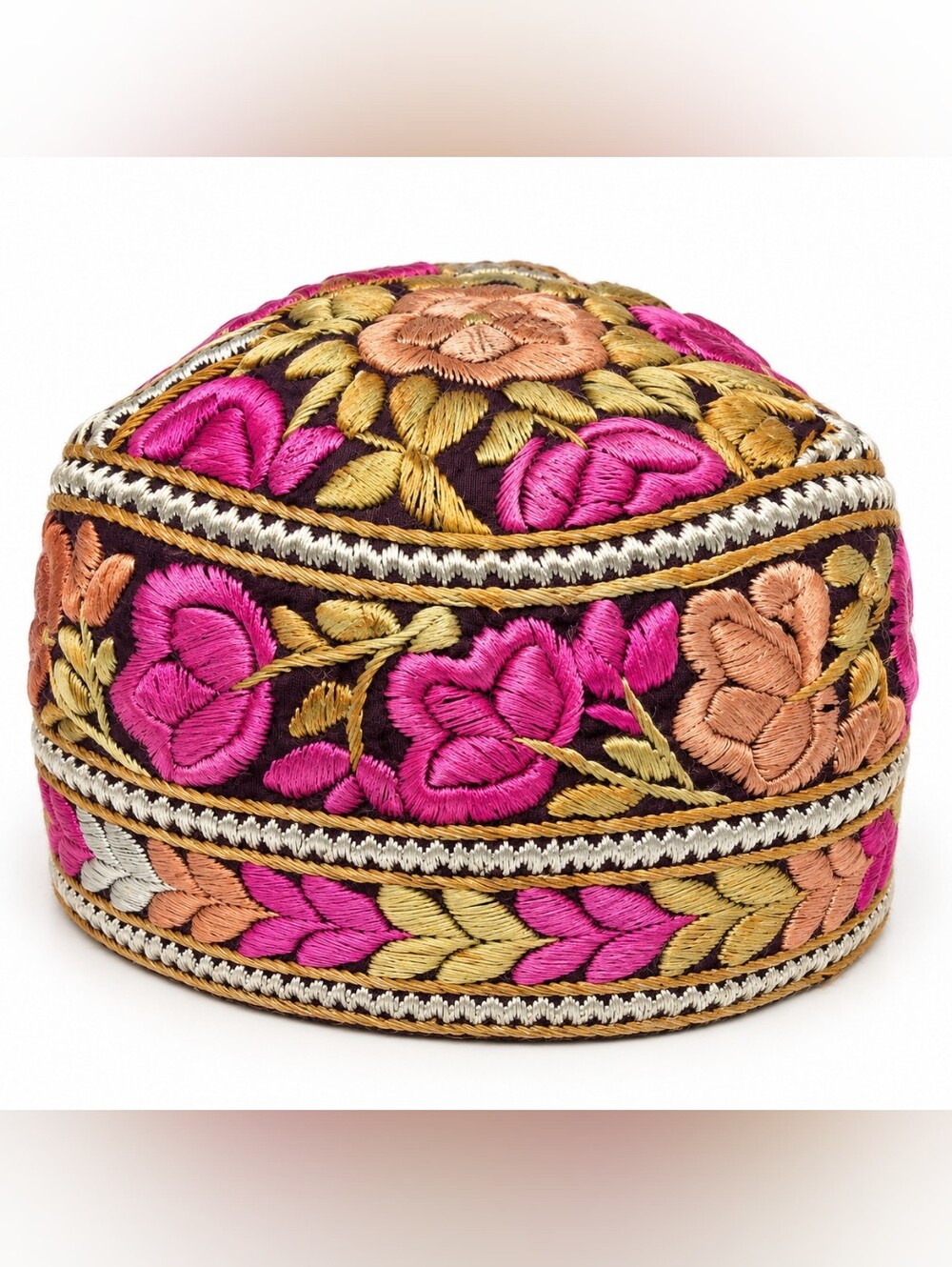Vintage Handmade Embroidered Topi Skullcap Floral Pillbox Hat India 22"